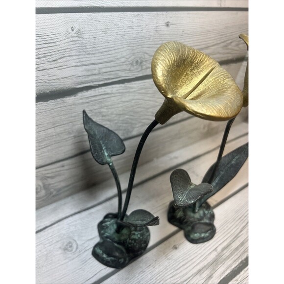 VINTAGE Verdigris Calla Lily Brass Candle Holder Art Nouveau Patina Leave Flower - Picture 6 of 10